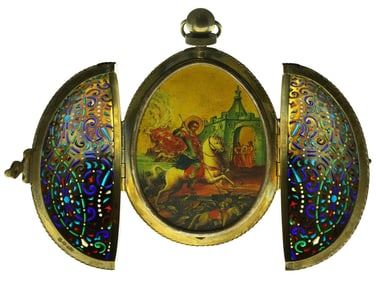 LARGE RUSSIAN SILVER PLIQUE A JOUR ENAMEL EGG W ICON