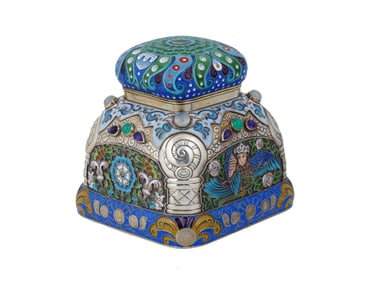 RUSSIAN SILVER ENAMEL TEA CADDY WITH GEM STONES