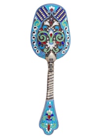 RUSSIAN 84 SILVER CLOISONNE ENAMEL SUGAR SPOON