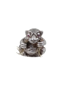 RUSSIAN 14K GOLD SILVER DORMOUSE FIGURINE W RUBY EYES