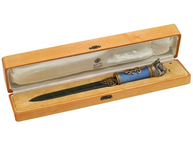 RUSSIAN RUBY SILVER AND ENAMEL JADE LETTER OPENER