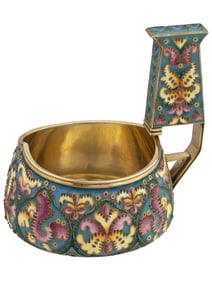 RUSSIAN 88 GILT SILVER AND CLOISONNE ENAMEL KOVSH