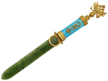 RUSSIAN SILVER ENAMEL LETTER OPENER WITH NEPHRITE JADE BLADE