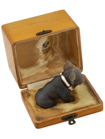 RUSSIAN CARVED AGATE W GOLD BULLDOG FIGURINE IN BOX