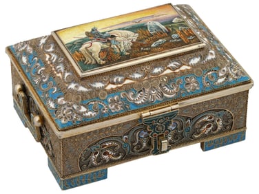 RUSSIAN SILVER ENAMEL CASKET BOX W VASNETSOV PAINTING