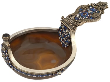 LARGE RUSSIAN SILVER ENAMEL AND CARVED AGATE KOVSH