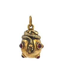 RUSSIAN 84 GILT SILVER RUBY FIGURAL SNAKE EGG PENDANT