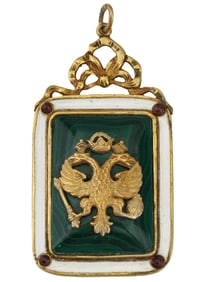 RUSSIAN IMPERIAL GILT SILVER ENAMEL MALACHITE PENDANT