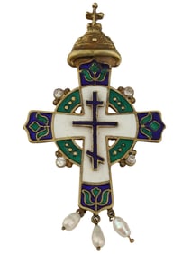 RUSSIAN 88 SILVER ENAMEL CROSS PENDANT W PEARLS