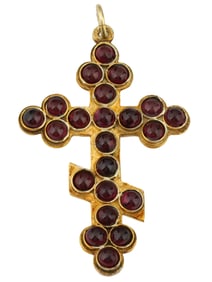 RUSSIAN 88 GILT SILVER GARNET STONE CROSS PENDANT