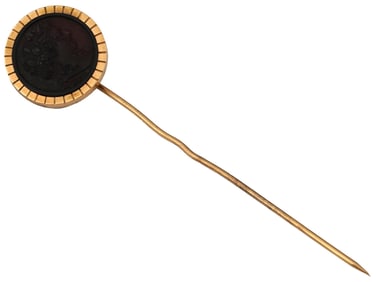 LARGE 14K GOLD ROMAN HAND CARVED BLACK ONYX STICK PIN