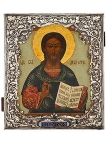 ANTIQUE 19TH C RUSSIAN ICON IN SILVER ENAMEL RIZA