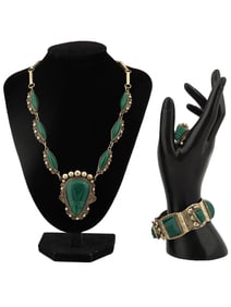 MEXICAN STERLING SILVER JADE STONE JEWELRY SET