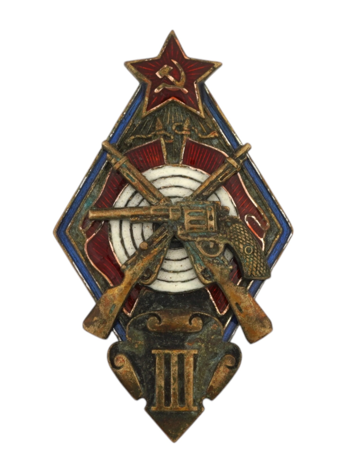 RUSSIAN SOVIET OGPU REVOLVER RIFLE SHOOTING BADGE 3 CL: A Russian Soviet revolver and rifle shooting classifying badge, 3rd class, for the border guard troops of OGPU. Shaped as a diamond, it features vivid enamel work. At the top, there is a red star embl