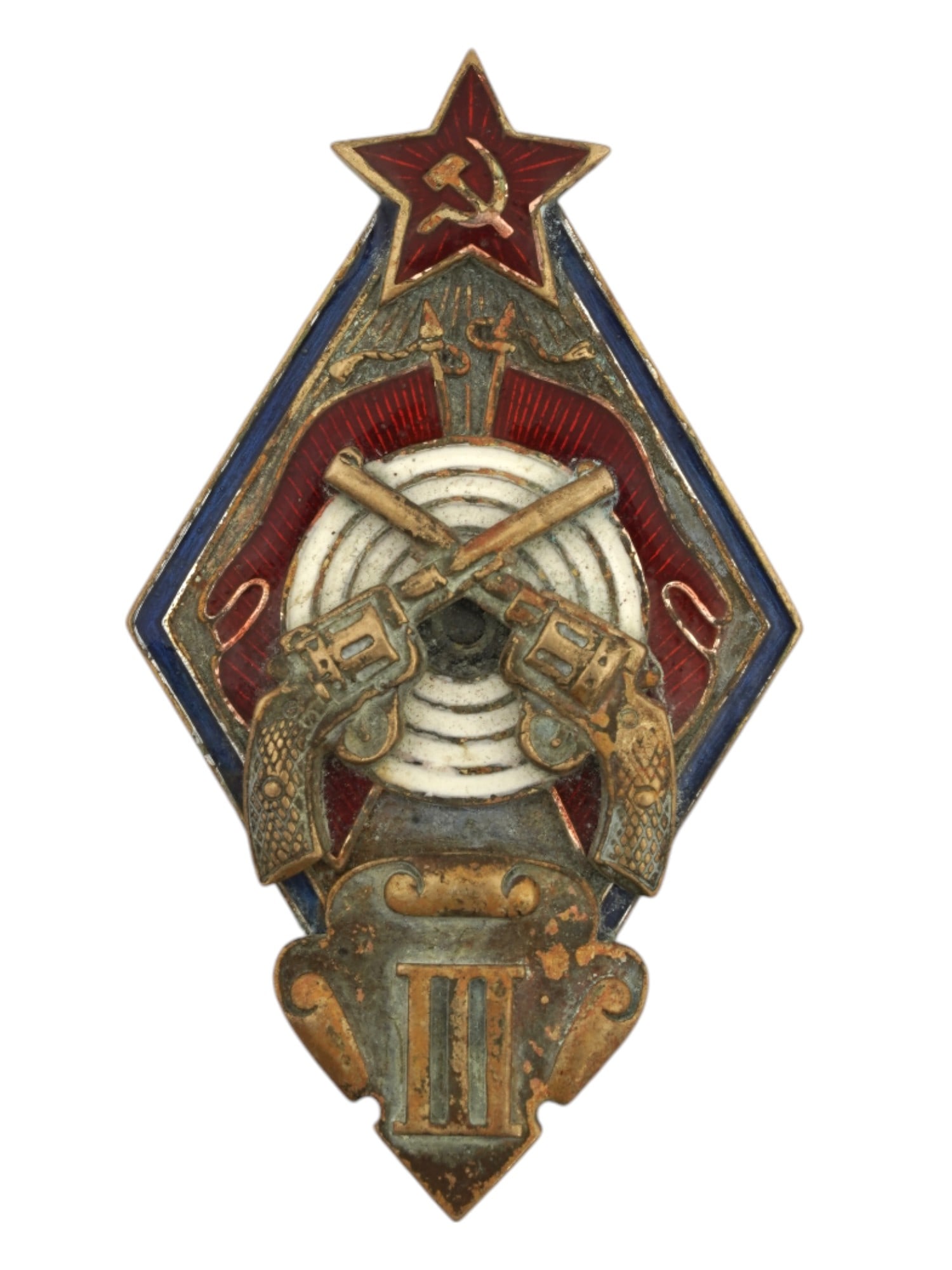 RUSSIAN SOVIET OGPU REVOLVER SHOOTING BADGE 3RD CLASS: A Russian Soviet revolver shooting classifying badge, 3rd class, for the border guard troops of OGPU. Shaped as a diamond, it features enamel work. At the top, there is a red star emblazoned with the 
