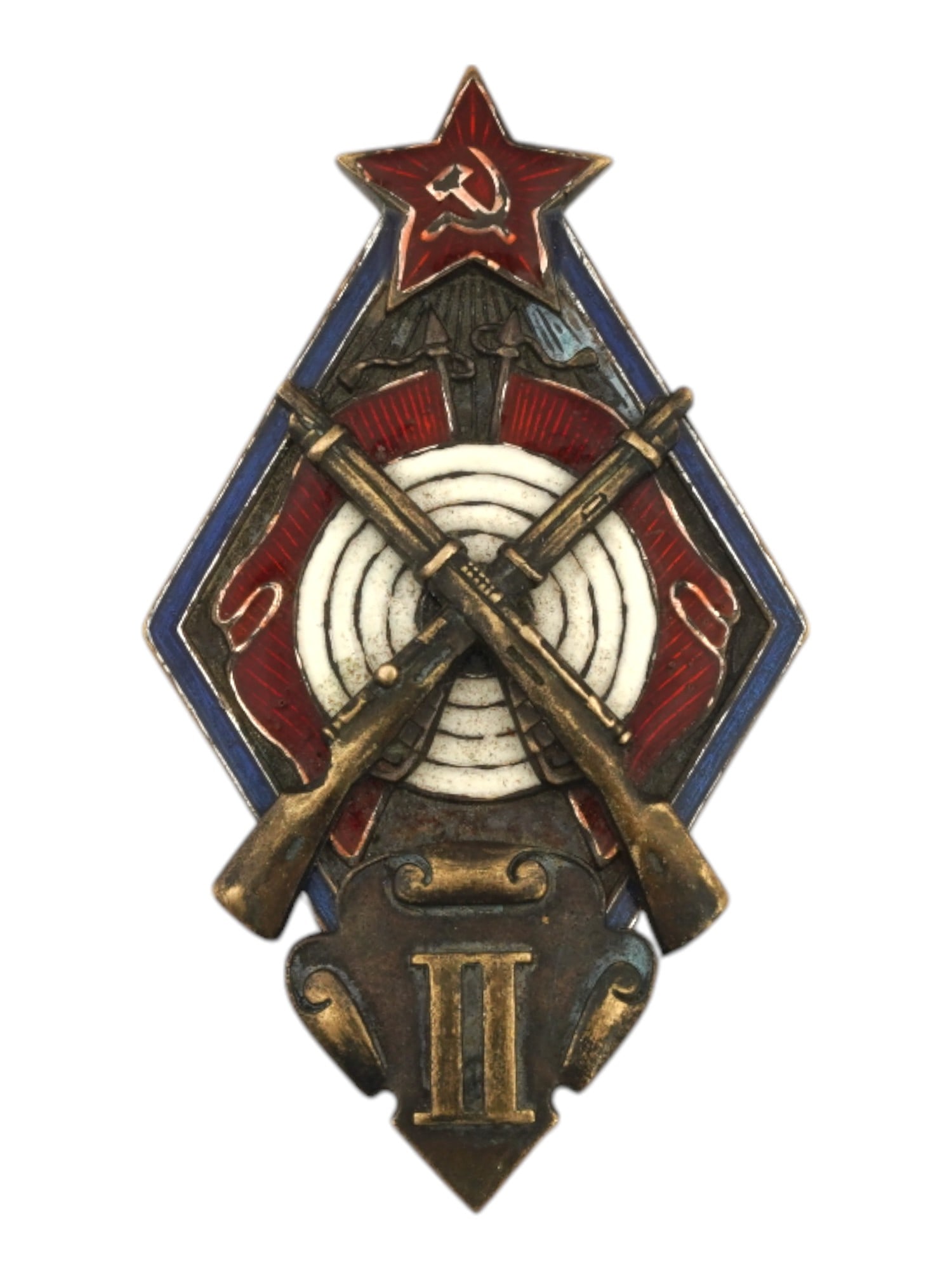RUSSIAN SOVIET OGPU RIFLE SHOOTING BADGE 2ND CLASS: A Russian Soviet rifle shooting classifying badge, 2nd class, for the border guard troops of OGPU featuring a diamond-shaped award with enamel detailing. At the top, a red enamel star prominently disp