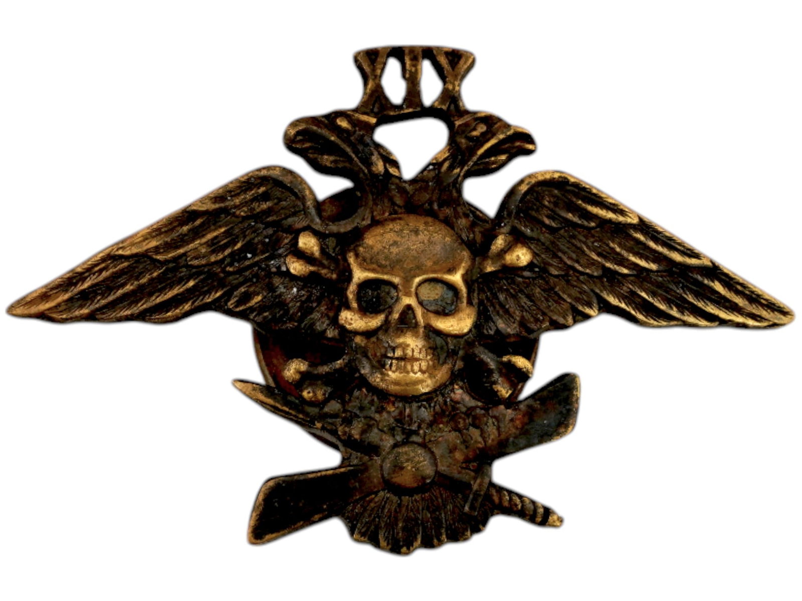 RUSSIAN MILITARY BADGE 19TH CORPS AVIATION DETACHMENT: A Russian military badge of the 19th Corps Aviation Detachment. Circa 1914 to 1917. The badge depicts a skull and crossbones against the background of a double headed Russian eagle with the Roman nume
