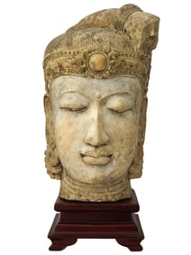 VINTAGE ASIAN BODHISATTVA CARVED STONE HEAD SCULPTURE