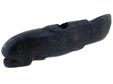 NATIVE AMERICAN CARVED BLACK STONE FISH EFFIGY PIPE
