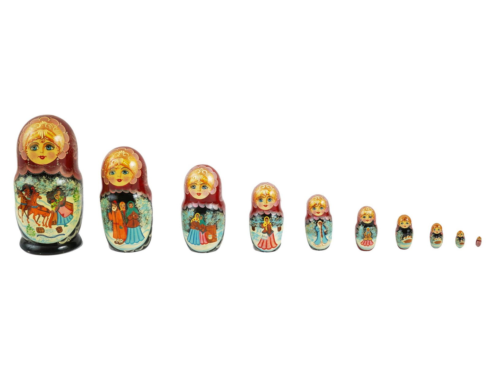 RUSSIAN HAND PAINTED NESTING MATRYOSHKA DOLLS SET: A Russian Matryoshka doll, a large set of ten hand painted and lacquered hand carved wooden nesting dolls of decreasing size placed one inside another. The body of each piece is decorated with hand pa