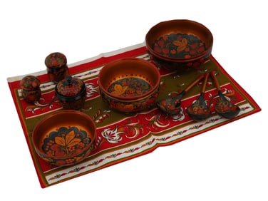 VINTAGE RUSSIAN FOLR ART KHOKHLOMA TABLEWARE SET