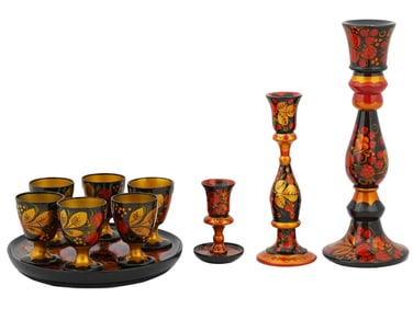 RUSSIAN KHOKHLOMA BAR SET AND CANDLESTICKS 10 PCS