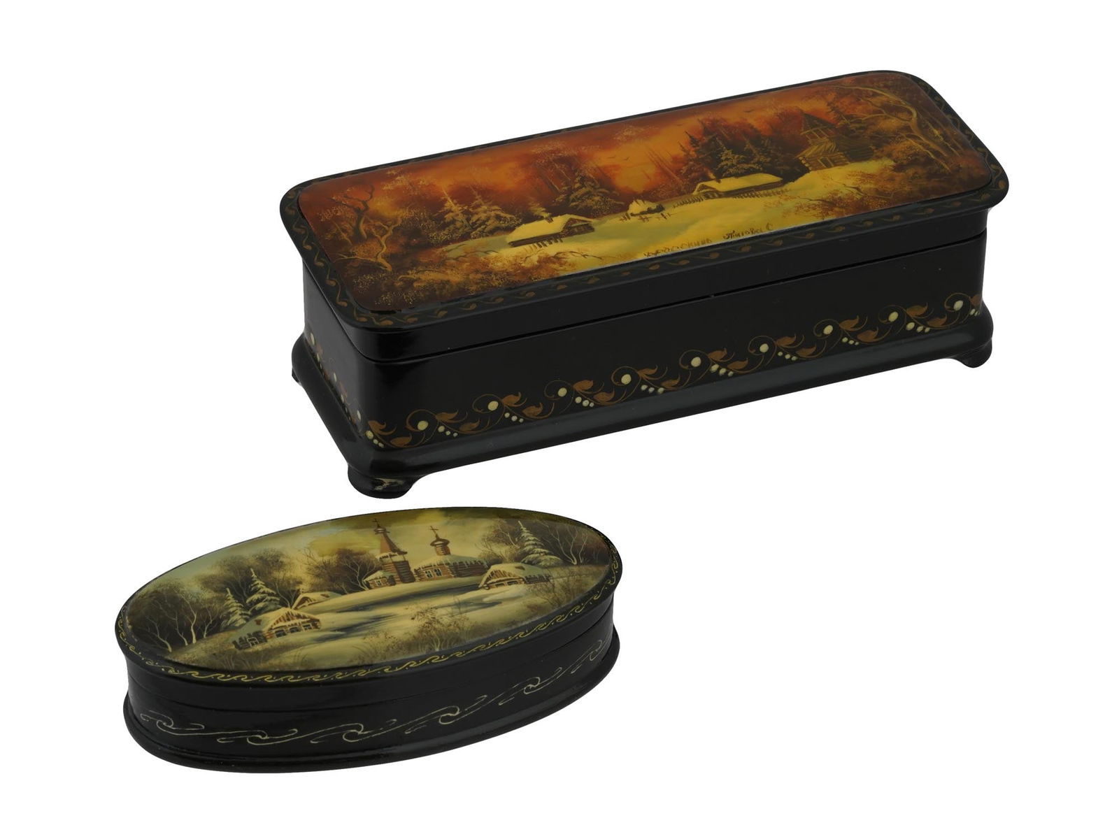 RUSSIAN FEDOSKINO LACQUERED TRINKET BOXES (1 of 6)