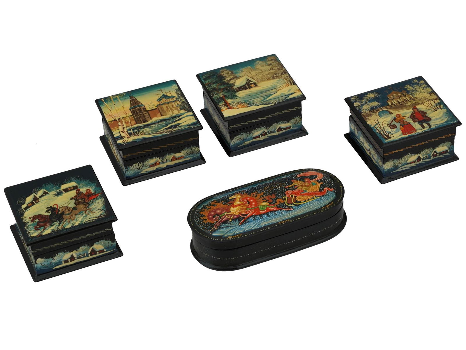 VINTAGE RUSSIAN LACQUER TRINKET BOXES W PAINTINGS (1 of 11)
