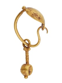 ANCIENT ROMAN GOLD HOOP EARRING WITH DISK AND PENDANT
