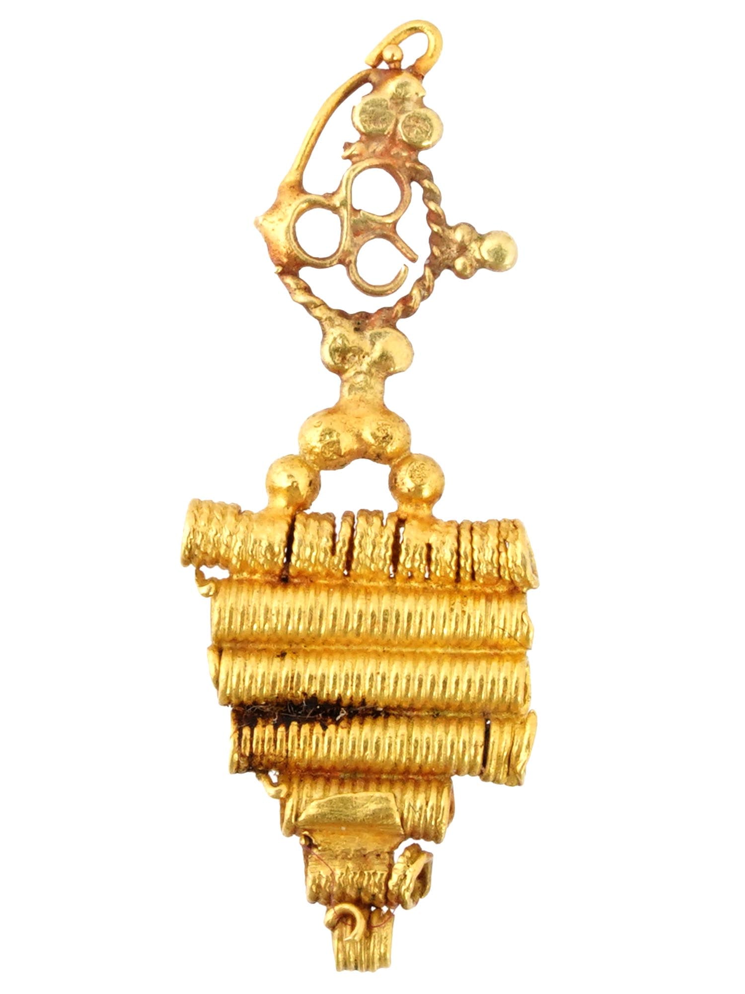 ANCIENT GOLD EARRING WITH A GRAPE CLUSTER DESIGN: An ancient gold earring featuring a grape cluster design, adorned with intricate scrolling decorations arranged in a triangular form. This piece showcases the detailed craftsmanship typical of ancient