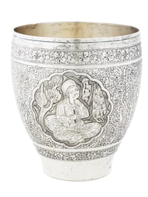 MID CENTURY PERSIAN ETCHED SILVER SHOT CUP