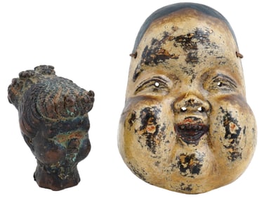 ANTIQUE JAPANESE THEATER MASK OKAME AND BRONZE HEAD