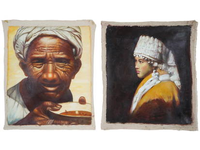 VINTAGE CHINESE OIL PAINTINGS AFTER LUO ZHONGLI: A lot of two vintage oil paintings after Luo Zhongli, born 1948 contemporary Chinese artist, sculptor. The first painting titled Father, the original artwork was created in 1980. The second painting i