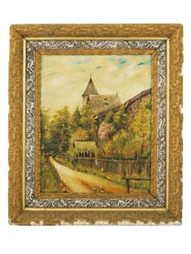 VINTAGE OIL PAINTING OF CASTLE SIGNED F. OSTUNI