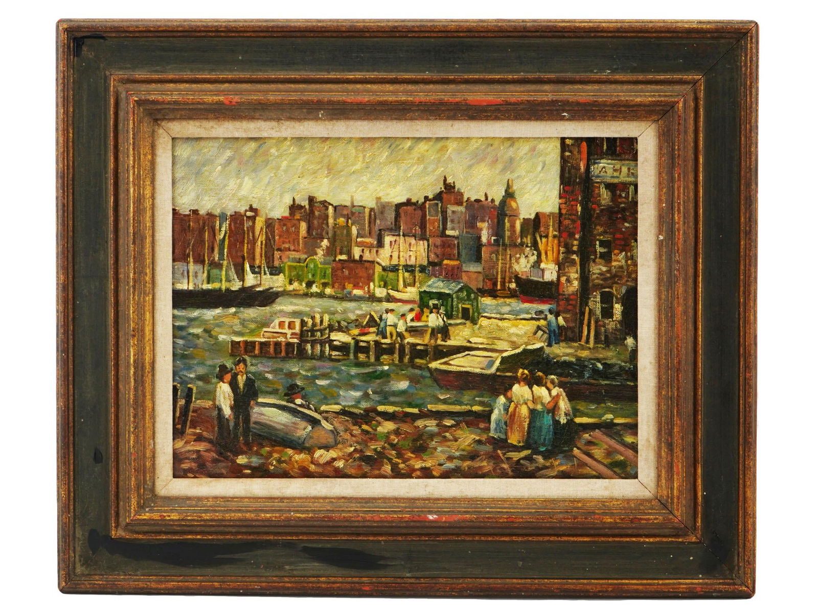 ATTR TO ROBERT SPENCER MARINE LANDSCAPE PAINTING: Oil on board painting. Attributed to Robert Spencer, 1879 to 1931, an American artist associated with the Pennsylvania Impressionism. The artwork depicts a town ??port with cargo boats. Signed by the