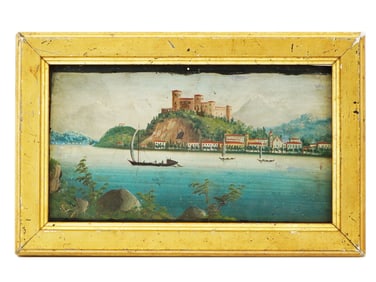 ANTIQUE EUROPEAN OIL ON TIN LANDSCAPE PAINTING