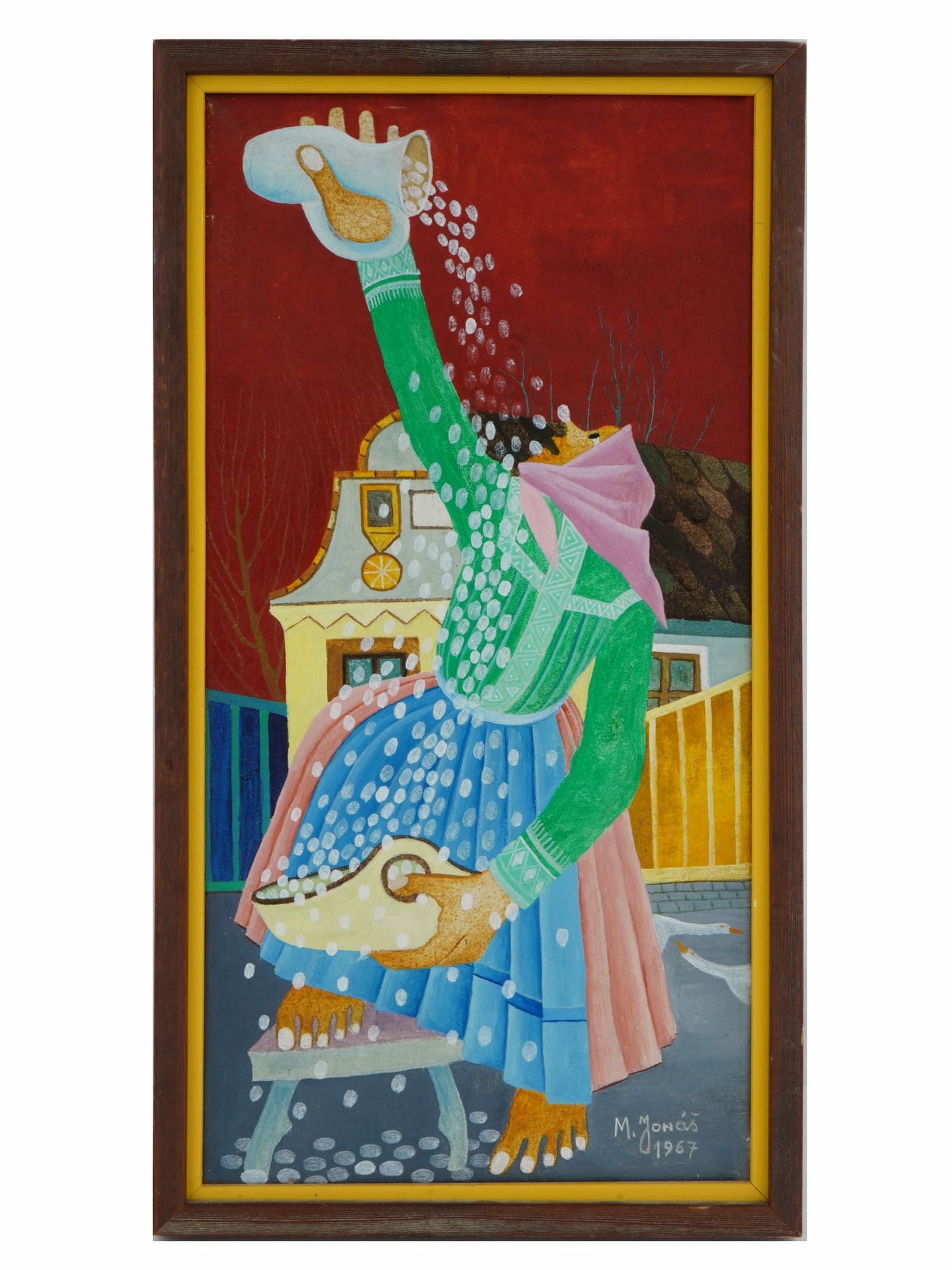 MODERN SERBIAN FOLK ART OIL PAINTING BY MARTIN JONAS: Martin Jonas, Yugoslavian, Serbian, 1924 to 1996, oil painting on canvas depicting a rural scene with a woman, 1967. Signed and dated, lower right. Framed. Additionally inscribed and stamped, on the b