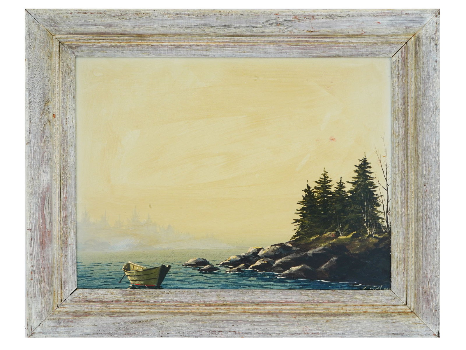 AMERICAN COASTAL OIL PAINTING BY CHARLES R SELMI: Charles R. Selmi, American, 1933 to 1994, oil painting on masonite board depicting a coastal view with a boat. Signed lower right. Framed. Additionally inscribed, on the backside. Charles Selmi is kno