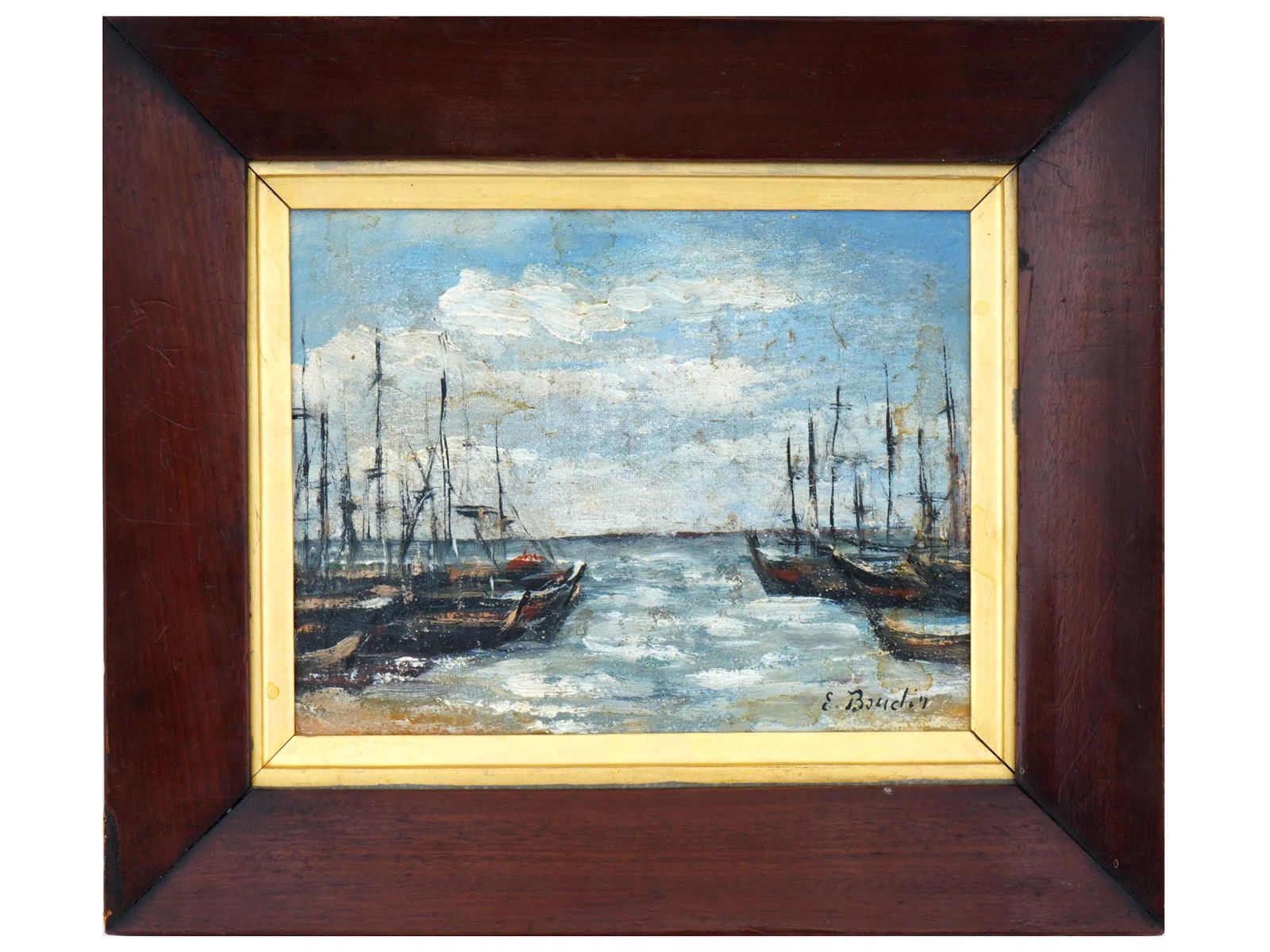 ATTR TO EUGENE BOUDIN FRENCH SEASCAPE OIL PAINTING: Attributed to Eugene Louis Boudin, French, 1824 to 1898, oil painting on canvas depicting a coastal seascape view with ships. Signed lower right. Framed. Eugene Louis Boudin was one of the first Frenc