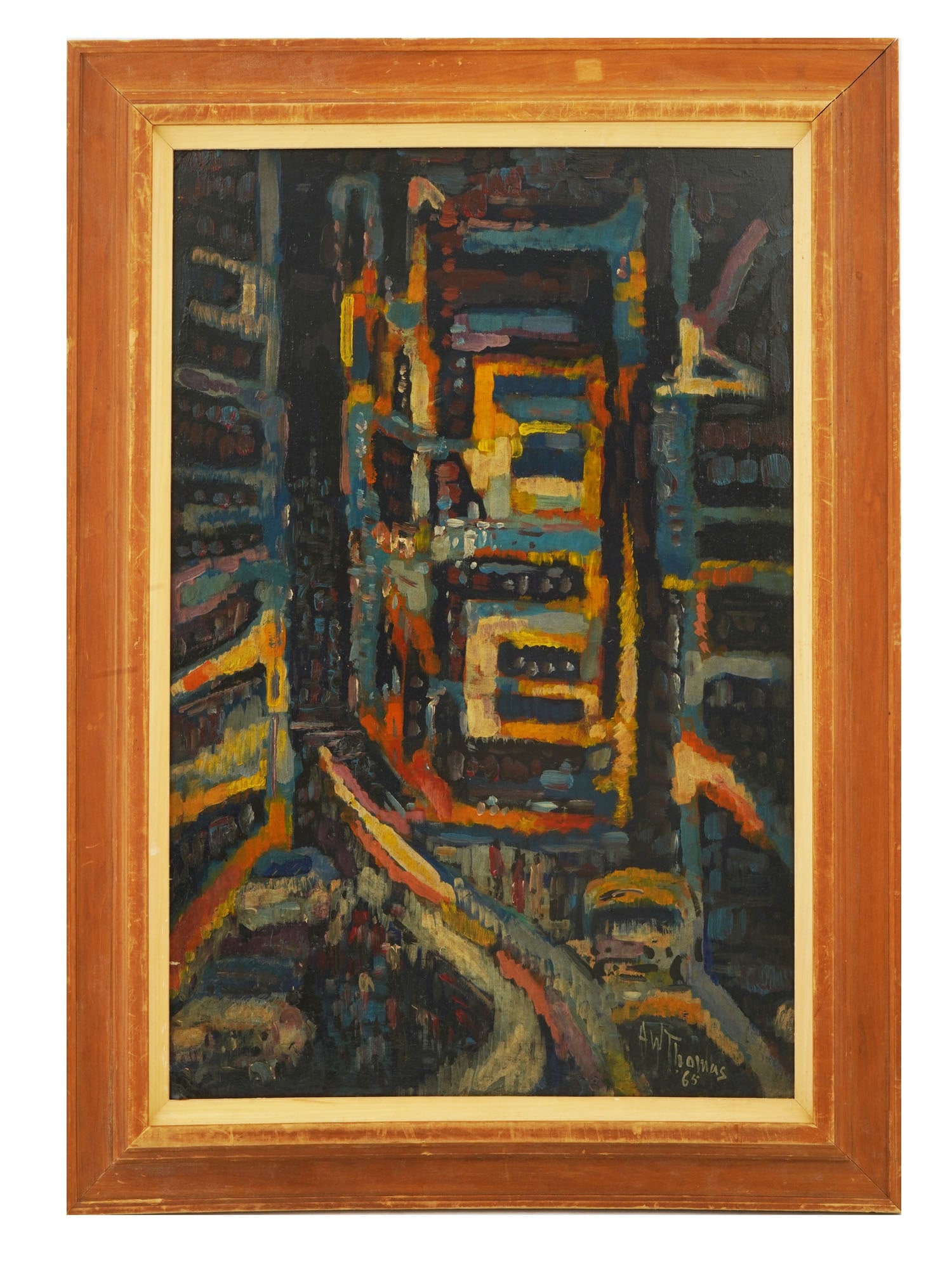 AMERICAN PAINTING SIGNED ALMA W. THOMAS TIMES SQUARE: An abstract oil painting on canvas Times Square, 1965. Signed, A.W. Thomas, and dated on the lower right. Additionally inscribed, Times Square, May 1965, AWT to the back. Framed. Alma Woodsey Thomas,