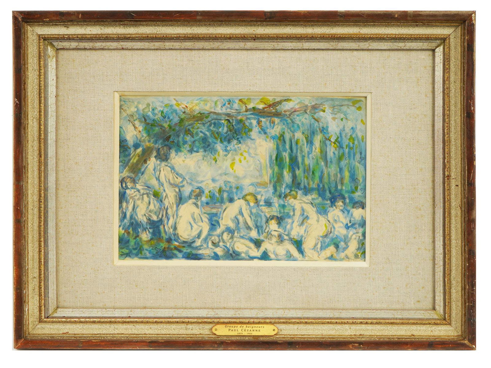 ATTR TO PAUL CEZANNE FRENCH WATERCOLOR PAINTING: Watercolor painting on paper, attributed to Paul Cezanne, 1892 to 1896, a French Post-Impressionist artist. The piece depicts nude women bathing in the river. Titled Groupe de baigneurs, A Group of Ba