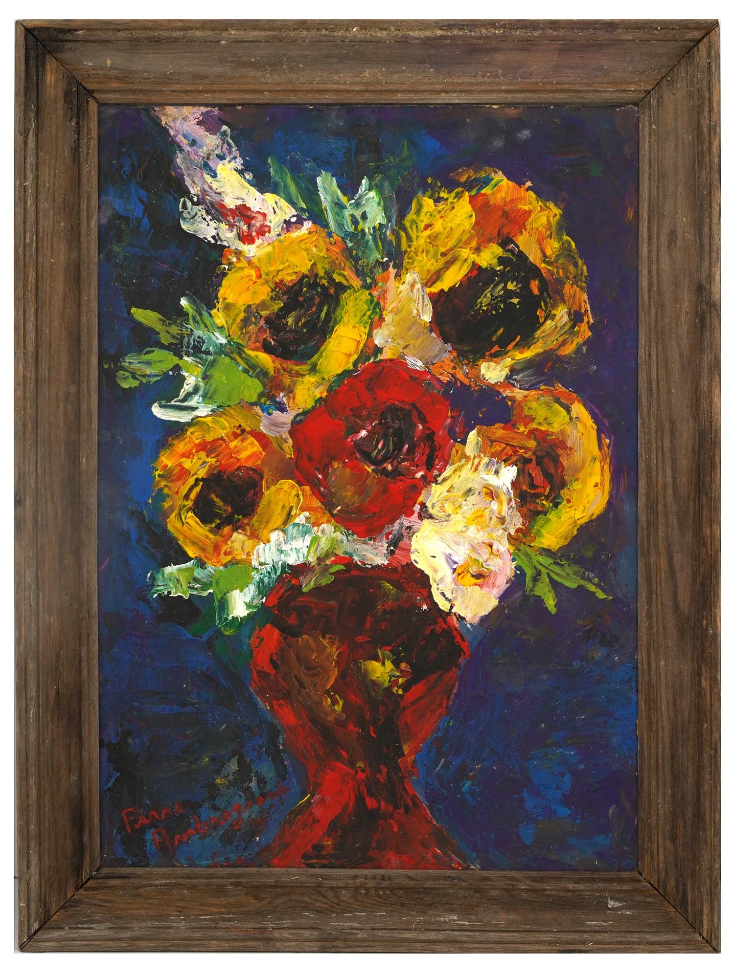 FRENCH STILL LIFE PAINTING SIGNED PIERRE AMBROGIANI: An acrylic painting on board depicting a still life composition with flowers. Signed lower left, Pierre Ambrogiani. Framed. Pierre Lucien Ambrogiani, French Italian, 1907 to 1985, was a painter known