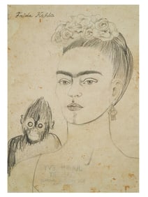 ATTR TO FRIDA KAHLO SELF PORTRAIT PENCIL PAINTING