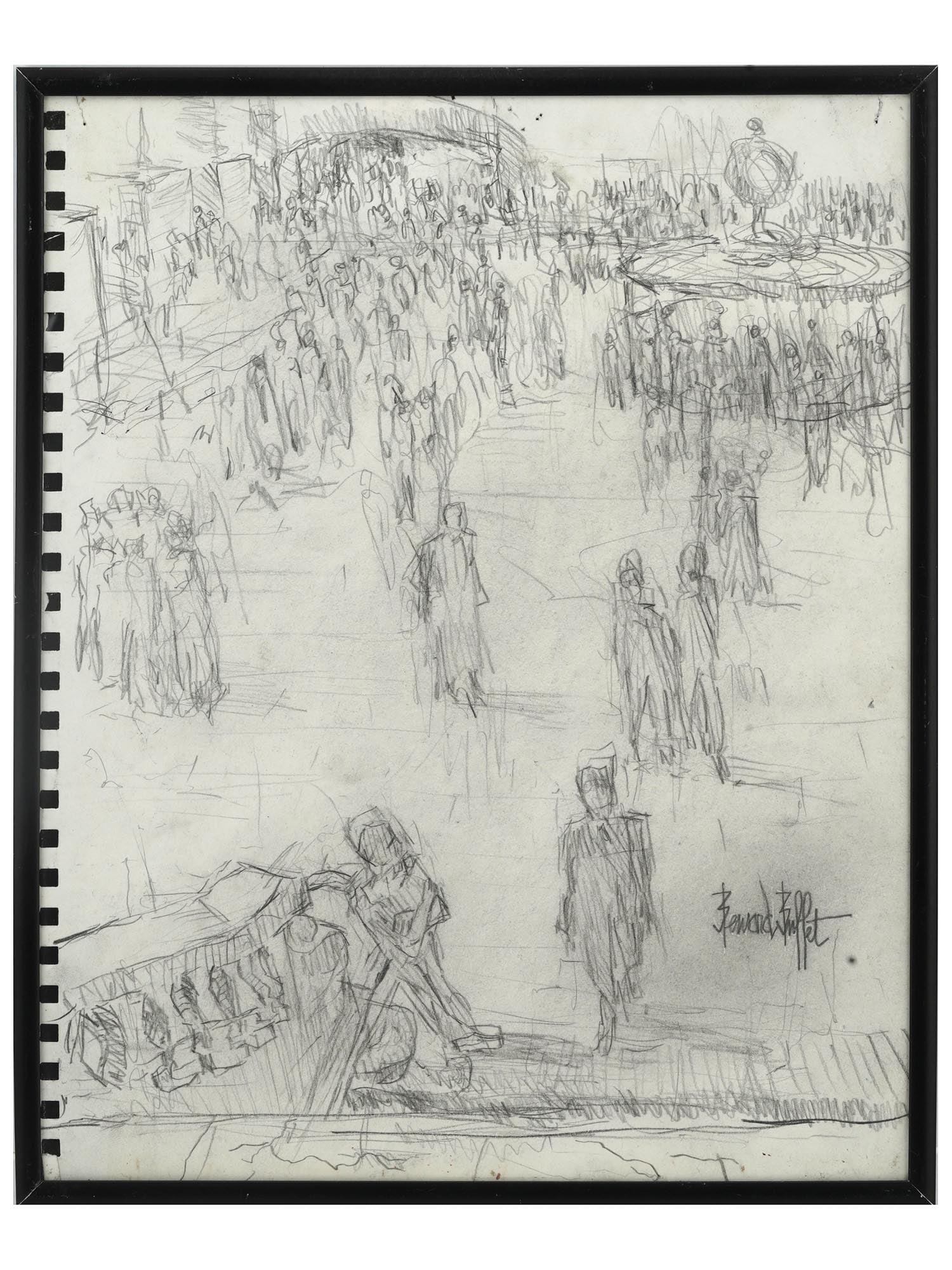 FRENCH SKETCH DRAWING BY BERNARD BUFFET SIGNED: Bernard Buffet, French, 1928 to 1999, a pen pencil sketch drawing on paper depicting a scene within a crowded place. Signed lower right. Framed. Bernard Buffet was a painter, printmaker, and sculptor.