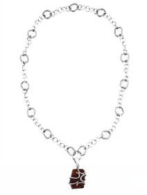 VINTAGE STERLING SILVER NECKLACE W AMBER PENDANT