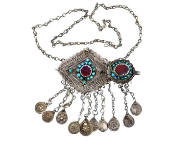 ANTIQUE 18TH C SILVER AGATE TURQUOISE PENDANT NECKLACE