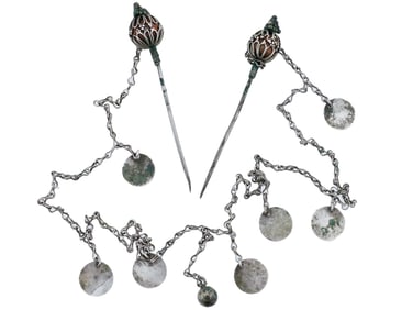 18TH C ANTIQUE SILVER HAIR PINS WITH CHAIN AND DECOR