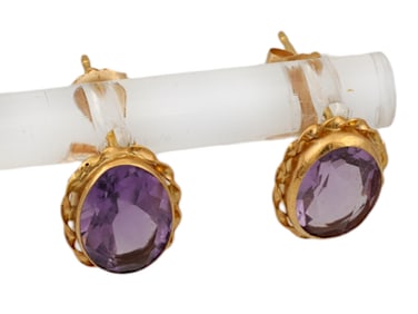 VINTAGE 14K GOLD AND AMETHYST STONE STUD EARRINGS
