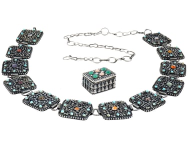 19TH C ANTIQUE BELT AND JEWELRY BOX W GEMSTONES