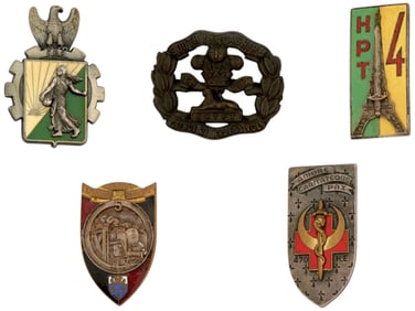 COLLECTION OF FIVE ENGLISH FRENCH ENAMELLED BADGES